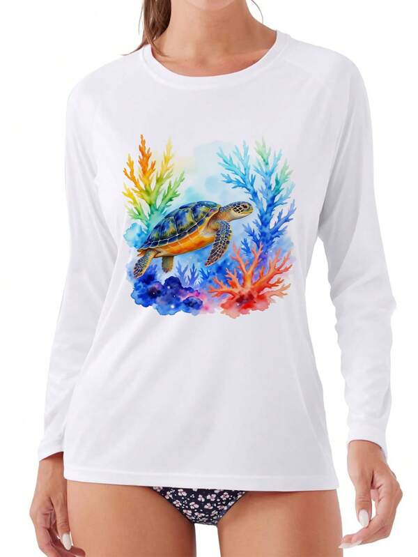 IESR Women's Sun Shirt Long-Sleeved Cute "Turtle Surrounded By Colorful Coral" Sun Protection Beachwear For Swimming And Workout Fishing Wear For Outdoor Hiking Gym Sweatshirt Tops Hiking Lightweight Quick Dry