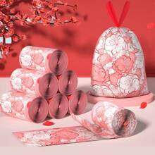 1 Roll 80pcs 4 Gallon Plum Blossom Scented Trash Bags, Self-Tie Drawstring Closure, Thick & Portable Kitchen Garbage Bags, Suitable For Office & Home
