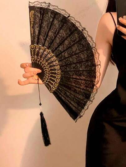 1pc Vintage Black Lace Folding Fan, Lolita Lace Edging Folding Fan, Orchid Fan For Dance Performance Photography Props, Retro Chinese Style Folding Fan With Tassel, Ancient Style Photography Props