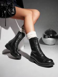 DREAM PAIRS Women's Mid-Calf Boots Fashion Motorcycle Boots Square Toe Lace-Up Riding Black Boots - 黑色 - 查看 4