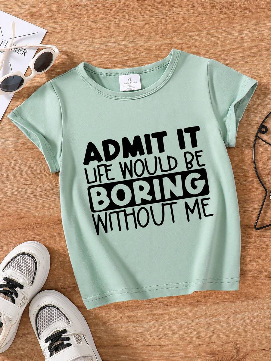 Camiseta de manga corta informal con estampado de lema para niño pequeño