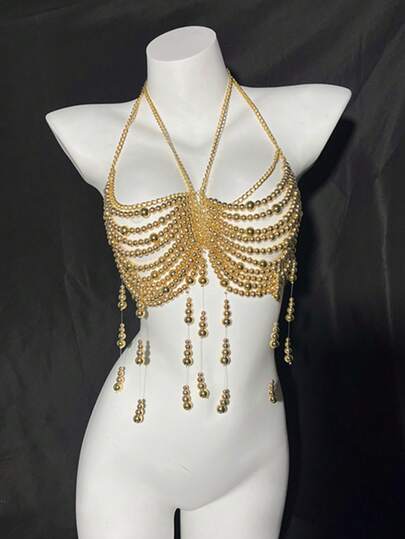 1pc Sexy, Fashionable, Personalized, Exquisite Multi-Layer Faux Pearl Chest Chain, Wedding Party Accessory