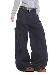 1 pieza Pantalón de mezclilla de carga tipo cargo holgado con parches para hombres, pantalones de cargo estilo calle americana, pierna ancha, de moda y versátil