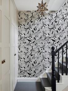 Lily Flower Plant Printed Home Decor Wallpaper, Simple Line Design Floral Leaf Self-Adhesive Waterproof Oil-Proof Wallpaper For Indoor Furniture Cabinet DIY Decoration