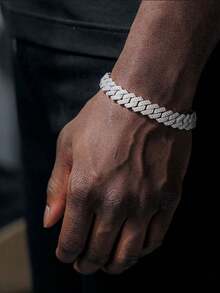 1pc Men's Hip Hop Fully Iced Out Diamond Shaped Cuban Link Bracelet, Adjustable Cuban Anklet Bracelet, Stylish Street Jewelry For Men - Diamond Cuban Chain - View 2