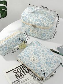 大容量印花化妆包，带提手，便携式化妆工具收纳包，加厚印花化妆包，女士旅行洗漱包，家居必备。女士礼物，圣诞礼物 - 藍色 - 查看 4