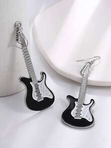 1 Pair Vintage Punk Guitar Style Earrings, Fashion Accessories For Women - Black - View 1