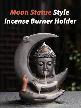 1Pc Moon&Head Statue Style Incense Burner Holder - Backflow Waterfall Cone Incense Holder, Ceramic Unique Buddhist Mood Incense Burner With Cones - Traditional Craftsmanship, Handmade, Unique Styles, Thick Materials, Creative Pottery, Exquisite Gifts - For Aromatherapy, Practise Meditation, Yoga, Home, Room, Tea Table, Office Decoration Adn Display