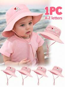 1 pezzo Cappello da sole per bambini con stampa a cuori e lettere, con cordino regolabile antivento, stile casual, cappello secchiello per neonati, adatto per attività all'aperto, spiaggia, protezione dal sole