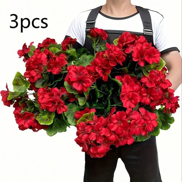 3pcs Artificial Flower Shrub, Plastic Red Blooming Flowers, Full Silk Floral Bunch, For Home Garden Wedding Indoor Outdoor Decoration