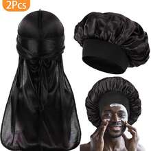 Awegeo 2 chiếc mũ ngủ nam, màu trơn, vành rộng, chất liệu satin mềm mại co giãn, unisex, thoải mái và giản dị, có thể dùng làm mũ ngủ hoặc mũ giữ nếp tóc. - 2 chiếc - Xem 5