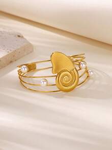 1PC Vintage Conch Bangles For Women Gold Color Stainless Steel Geometric Conch Thread Faux Pearl Opening Bangle Wedding Waterproof Jewelry Gift - Multicolor - View 9