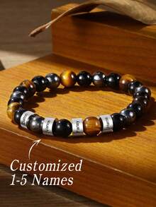 1PC Men Beaded Bracelet Customize Four Names ,Father Day Gift,Fathers Dad Gift,Father's Day Gift,Gifts For Boyfriend,Custom Bracelet,Name Bracelet,Custom Bracelet - Brown - View 2