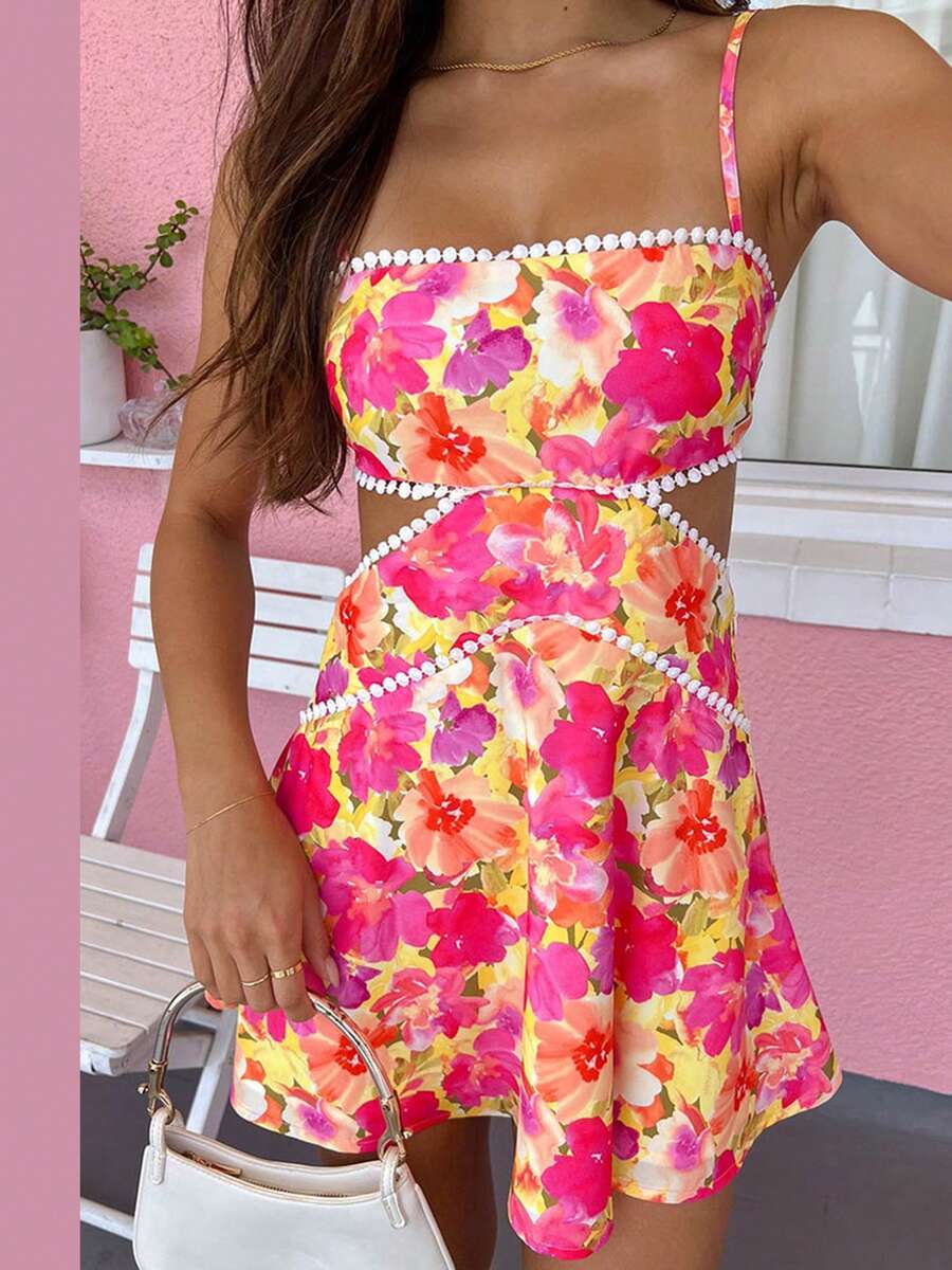 Women Boho Graphic Mini Cami Dress Spaghetti Strap Floral Short Dress Flowy Backless Sling Dress Summer Sundress - 粉色 - 查看 1