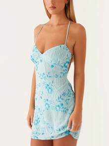 Womens Sequin Mini Dress Y2k Sparkly Floral Spaghetti Strap V Neck Bodycon Short Dress Sexy Backless Pearl Embellished Glitter Rhinestone Going Out Cami Dress Cocktail Party Club Streetwear - 藍色 - 查看 4