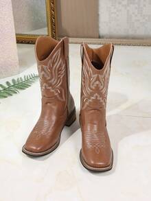 Fall/Winter 2025 Women's Chunky Heel Slip-On Embroidered Mocha Brown Western Boots, Square Toe Mid-Calf Fashionable And Versatile Riding Boots, New Short Ankle Brown All Season Ladies' Western Style Cowgirl Boots,Cowboy Boots - Mocha Brown - View 2