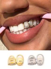 THATBOY 1 pieza Joyería para dientes de mujer estilo Hip Hop, base de cobre con micro-incrustaciones de circonita, decoración de dientes huecos de color dorado para festival de música, fiesta de Halloween y regalo de estilo punk