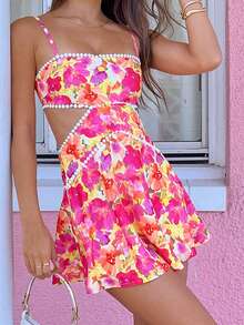 Women's Summer Mini Cami Dress Sleeveless Open Back Cutout Floral Spaghetti Strap Dress - 彩色 - 查看 2