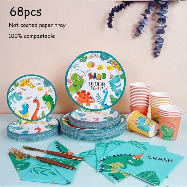Set da 68 pezzi a tema dinosauro per feste di compleanno, vassoio di carta monouso, articoli per feste, stoviglie per feste, feste di compleanno, feste, picnic e campeggio, feste di vacanza, decorazione a tema drago, decorazione per ristoranti, mamma, decorazione per la cucina, casa, matrimonio, compleanno, decorazione per feste di compleanno rosa, addio al nubilato, souvenir