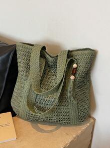 New Fashion Versatile Tote Bag, Beach Holiday Bag, Lightweight Elegant Design Straw Woven Boho Style Shoulder Bag, Large Capacity Commuting Daily Shopping Vacation Handbag For Women, College Students, Teens, With Tassel Pendant