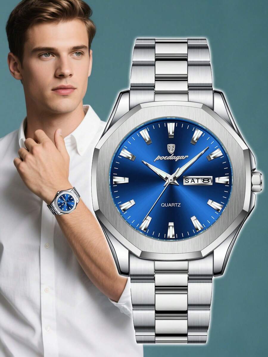 POEDAGAR 1pc Business Men's Stainless Steel Date Week Quartz Watches, Casual Waterproof Luminous Watches For Men, Luxury Watch Suitable For Work Occasions, Men's Gifts - Một cỡ - Xem 1