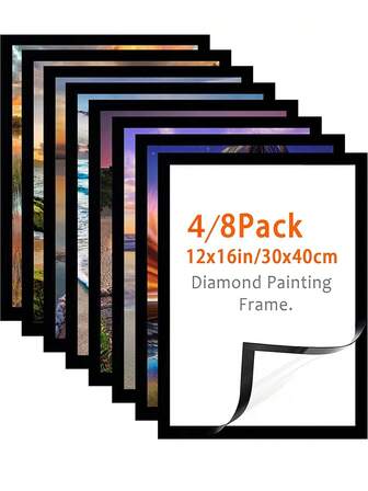 [Set de 4 a 8 piezas Marcos de diamante magnéticos] Marco de fotos de arte de diamante de 12x16 pulgadas - se ajusta a fotos de 10 x 14 pulgadas, respaldo autoadhesivo, colgado en la pared horizontal o vertical, marco de arte fotográfico, negro