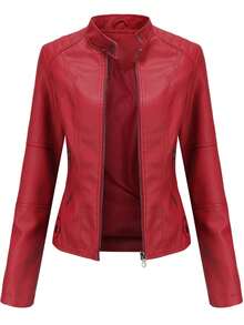 Women's Slim Fit Leather Jacket, Thin Spring & Autumn Motorcycle Coat, Women's Faux Leather Stand Collar Jacket - Red - View 4