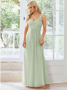 Robe de demoiselle d'honneur verte sauge élégante avec fleur à l'épaule et corsage froncé, robe de soirée pour invité de mariage