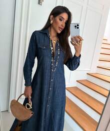 Simple Casual Long Denim Chamise Dress With Pocket Button - Navy Blue - View 3