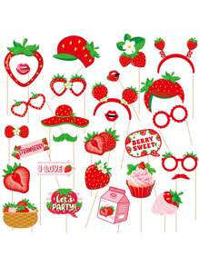 28 Pcs/Set Summer Fruit Birthday Party Decorations Photo Props, Hawaiian Party Strawberry Selfie DIY Decorations