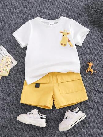 2pcs/Set Toddler Boys Casual Cartoon Giraffe Print Round Neck T-Shirt And Shorts Set, Summer