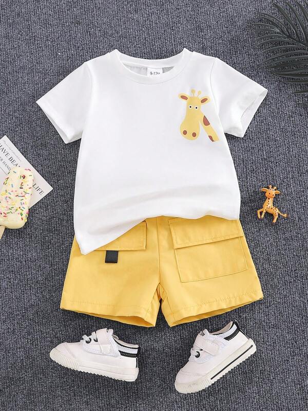 Set de 2 piezas de camiseta de cuello redondo y pantalones cortos casuales de niño pequeño con estampado de jirafa de dibujos animados, para verano
