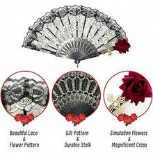 1pc Vintage Palace Style Lace Pearl Cross Rose And Lotus Leaf Fan - Ladies' Elegant Black Handheld Fan, Suitable For Parties And Weddings, Perfect Handheld Accessory (Comes With Pendant) - Multicolor - View 7