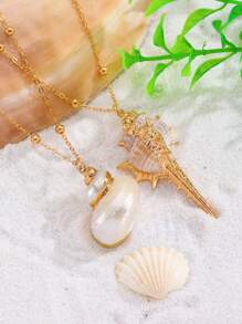1 pieza Collar con colgante de concha de mar con borde dorado, accesorio de joyería elegante y único para vacaciones de verano en la playa, regalo