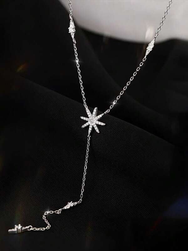 1 pieza Collar gargantilla de plata esterlina S925 con cuentas de circonita, diseño fresco y sencillo, cadena de clavícula con borlas en forma de rombo para mujer, adecuada para uso diario, collar para suéter, accesorio para fiesta, regalo