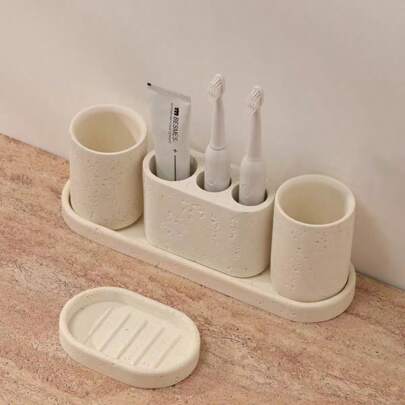 1 pieza Dispensador de jabón/loción de resina para baño, soporte para cepillo de dientes, vaso de baño, bandeja de tocador, bandejas de baño para encimera, jabonera para encimera de tocador, juego de accesorios de baño, organizador de baño, accesorios de baño de material imitación piedra, decoración del hogar, decoración de otoño para el baño, almacenamiento de regreso a la escuela
