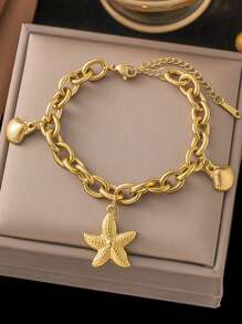 1pc Fashionable 18K Gold Stainless Steel High-Protection Starfish & Shell Pendant Bracelet, Suitable For Women, Beach, Party, Waterproof Jewelry Gift, USA