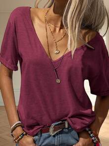 Women Deep V Neck Short Sleeve Tops Solid Casual Loose Basic T Shirt