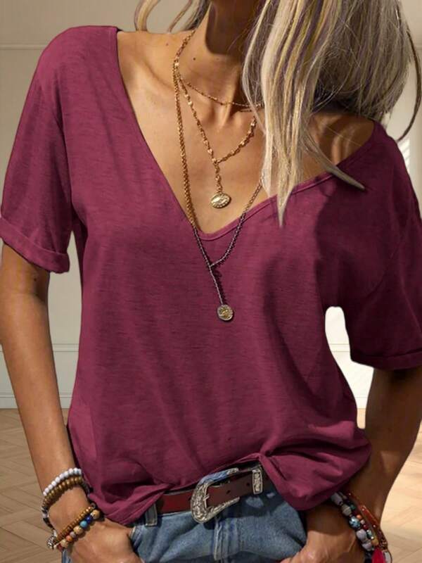 Women Deep V Neck Short Sleeve Tops Solid Casual Loose Basic T Shirt