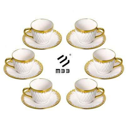 Zestaw 6 filiżanek ze spodkami, zestaw filiżanek ze spodkami ze złotym wykończeniem, ceramiczne filiżanki do espresso ze spodkami, małe filiżanki do cappuccino ze spodkami, zestaw podwójnych porcelanowych filiżanek do espresso, ceramiczne filiżanki do kawy po turecku ze złotym wykończeniem, zestaw 6 filiżanek do herbaty, filiżanki do kawy Foratte, Mocha, Au Lait, białe