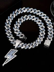 1 pieza Collar con colgante de hombre con relámpago de cristal de hielo - Cadena cubana brillante, estilo Hip-Hop Rapper