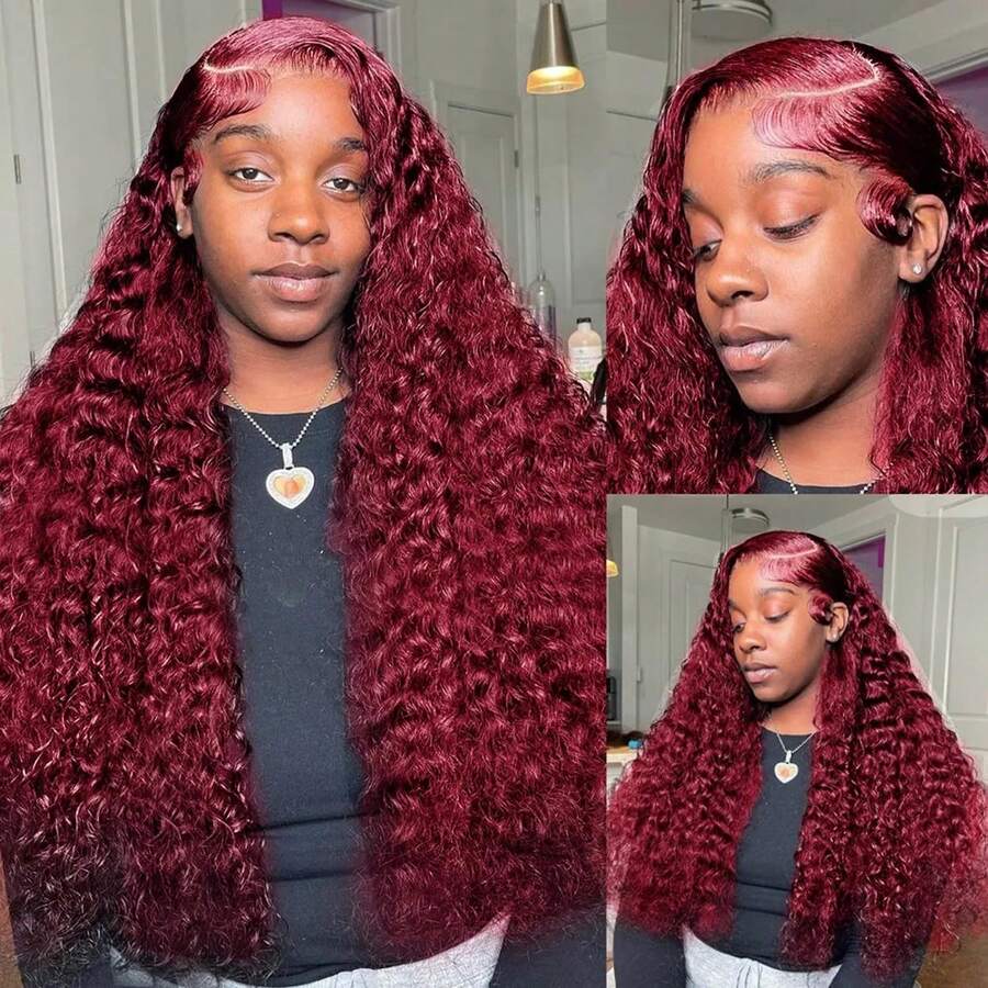 28 Inch 99j Burgundy Lace Front Wigs Human Hair  Deep Wave Lace Front Wigs Human Hair Pre Plucked Red Curly Human Hair Wig 13x4 HD Colored Frontal Glueless Wet And Wavy Loose Deep Wave