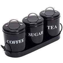 Tea Coffee Sugar Canisters, 3 Piece Kitchen Canister Set, Tea Sugar Coffee Canisters With Sealing Lid And Metal Tray, Metal Vintage Food Storage Jars For Coffee, Sugar, Tea, White