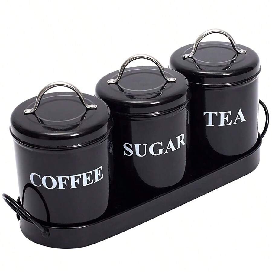 Tea Coffee Sugar Canisters, 3 Piece Kitchen Canister Set, Tea Sugar Coffee Canisters With Sealing Lid And Metal Tray, Metal Vintage Food Storage Jars For Coffee, Sugar, Tea, White