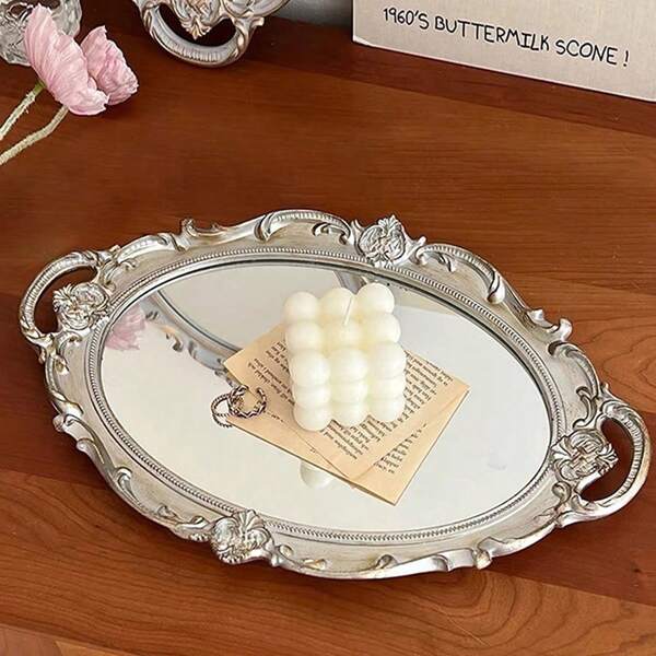 1pc Luxury Vintage Glass Makeup Mirror, Living Room Decoration, Jewelry Display Tray, Photo Props