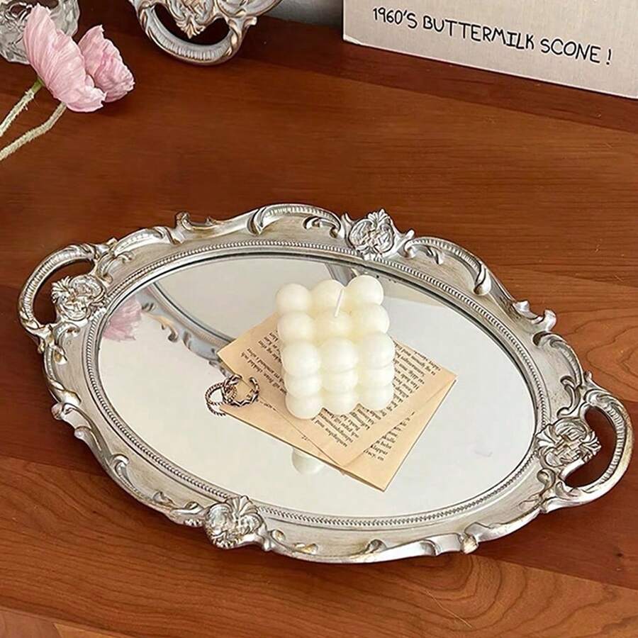 1pc Luxury Vintage Glass Makeup Mirror, Living Room Decoration, Jewelry Display Tray, Photo Props