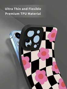 1 pieza Funda de teléfono con protección de lente de cámara de tablero de ajedrez con flores compatible con iPhone 16e/11/13/15/15 Plus/15 Pro/15 Pro Max/12/14 Pro Max/XS/XR/11 Pro/11 Pro Max/12 Pro/12 Pro Max/13 Pro/13 Pro Max/14 Pro/14 Plus/7/8 Plus - Negro - Ver 3
