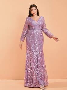Elisanya Anpoket,New Arrival,V Neck,Off Shoulder,Dark Purple,Plus Size Evening Gown Dress,Heavy Stitching,Embroidery ,Belt,Long Sleeve,Bodycon,Mermaid Hem Dress - Purple - View 4