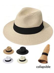 Summer Foldable Panama Hat, European And American Style Sun-Shading Jazz Hat, Outdoor UV Protection Beach Straw Hat, Versatile & Unique