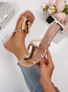 Transparent Chunky Heel With Decorative Metallic Accent, New Women's Fashion Versatile Holiday Party Rose Gold Summer High Heel Sandals